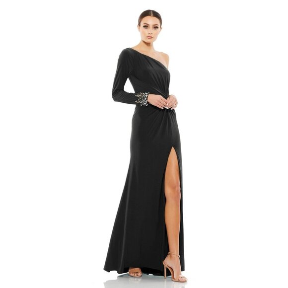 NWT Mac Duggal One Sleeve Beaded Cuff Side Twist Gown Black 6 #7703 - Picture 1 of 8